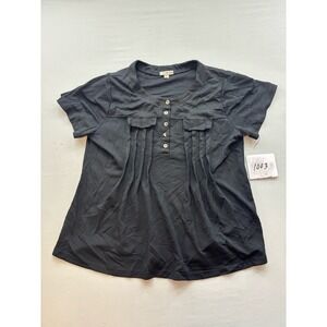 Ana & Kate Womens XL Black Henley Pleated Short Sleeve Blouse Top Knit